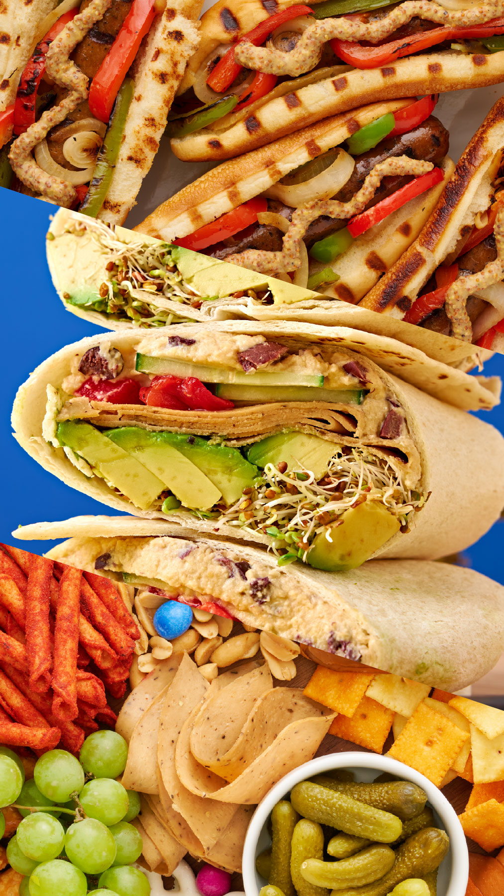 Sausages, Wraps, and Snack Plate.